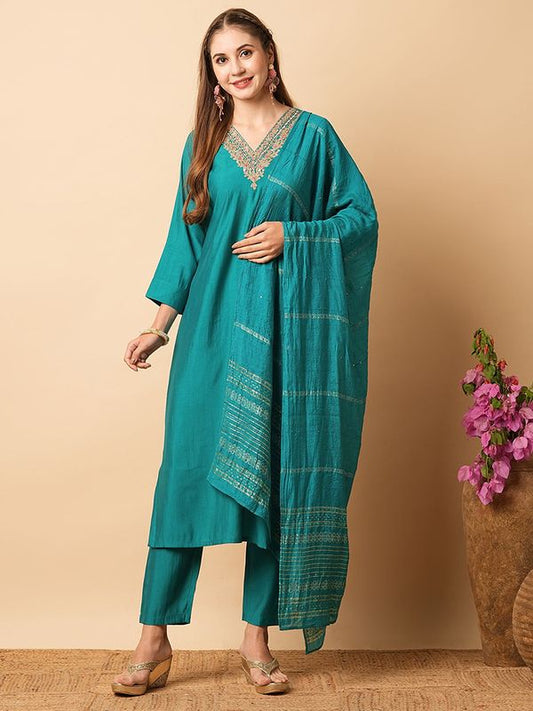 Teal Embroidered Kurta Sets