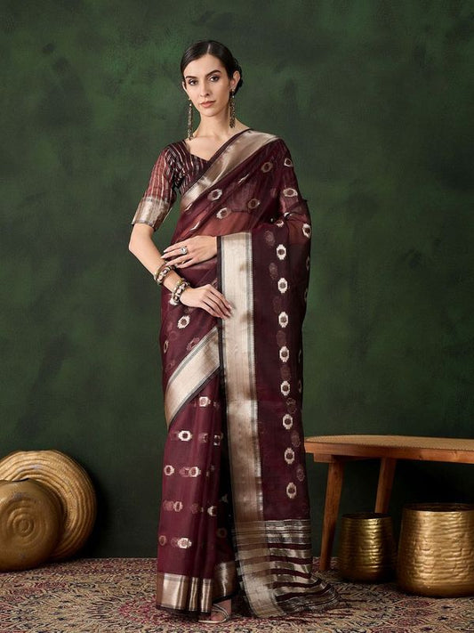 Burgundy Wevon Jacquard Designer Khadi Organza Saree