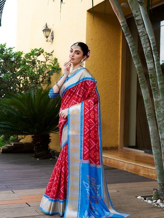 Red Crepe Digital Print Saree With Tassels on Pallu and Stitched Blue Blouse