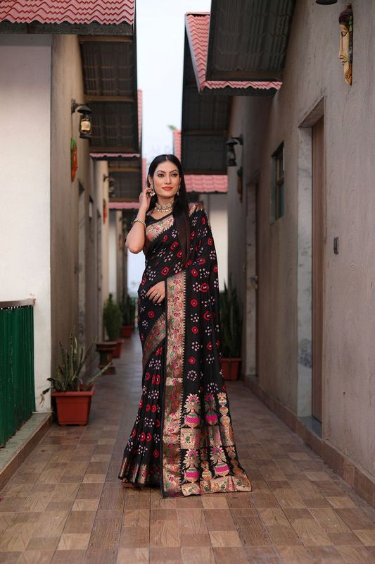 Black Wevon Matka Border & Pallu Designer & Bandhej Hand Printed Dola Silk Saree