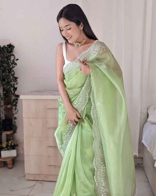 Green Sequance Embroidery & Hand Work Organza Saree