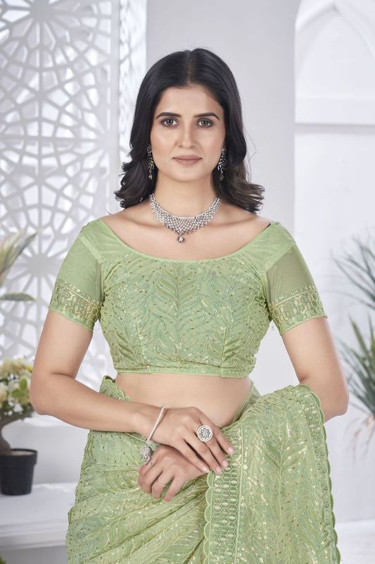 Green Multy Thread & Sequance Embroidery Cut Work Tissue Net Saree