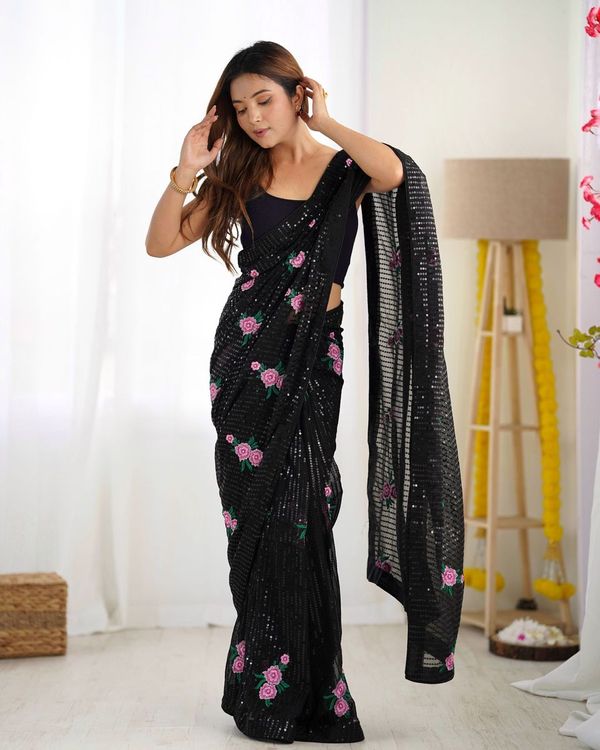 Black Georgette Thread And Sequins Embroidery Work Glamorous Partywear Saree