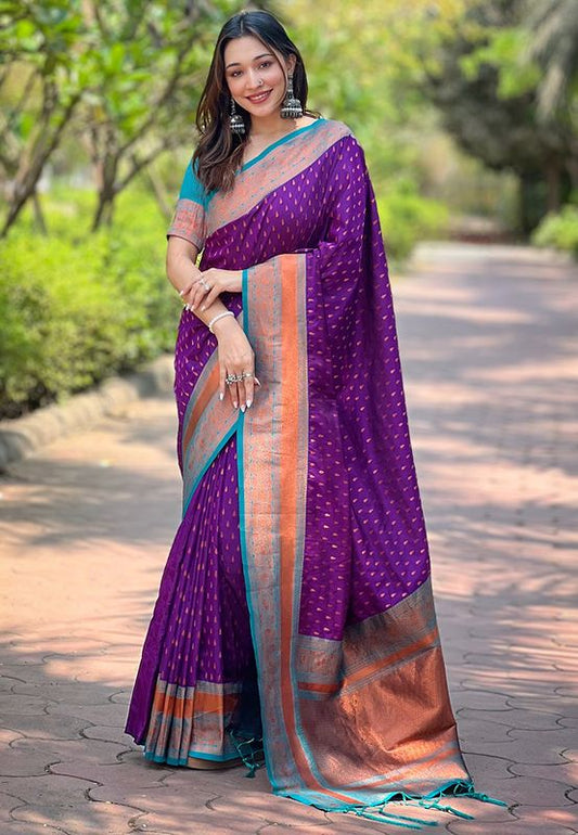 Voilet Wevon Copper Butti Designer Soft Silk Saree