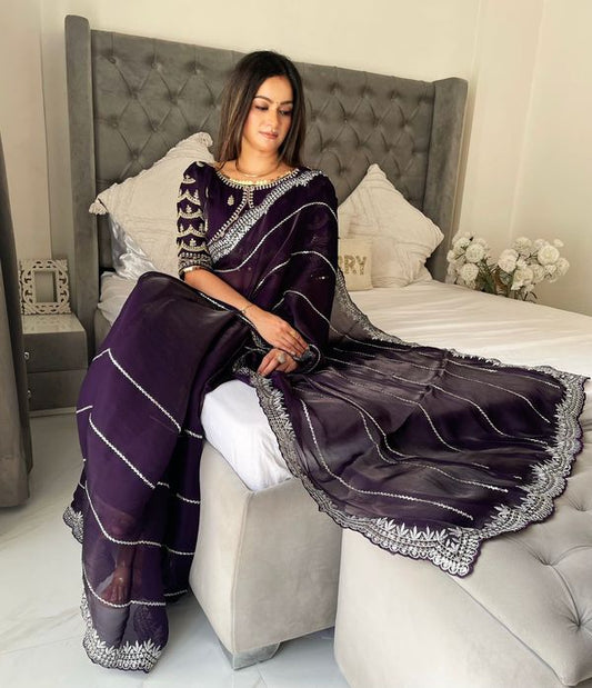 Purple Heavy Silver Jari & Sequance Embroidery Work Jimmy Choo Saree