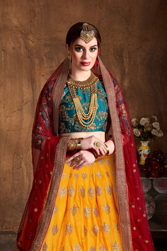 Yellow and Green Women's Heavy Silk Embroidery Lehenga Choli