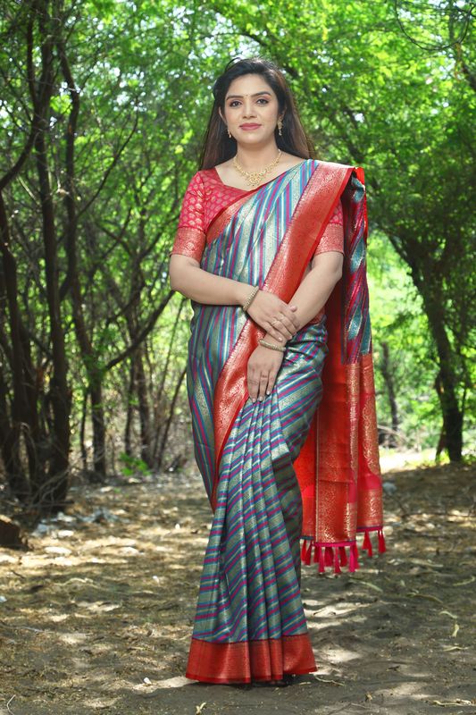 Blue Wevon Jari Laheriya Designer Soft Silk Saree