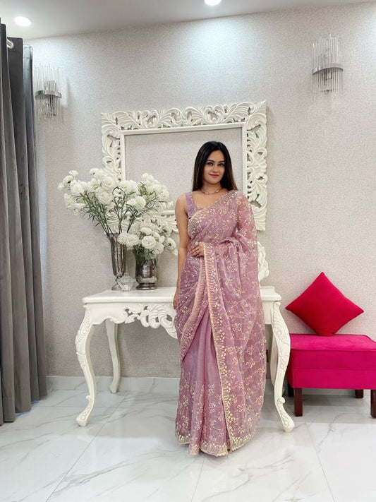 Onion Golden Jari & Sequance Embroidery Work Jimmy Choo Saree