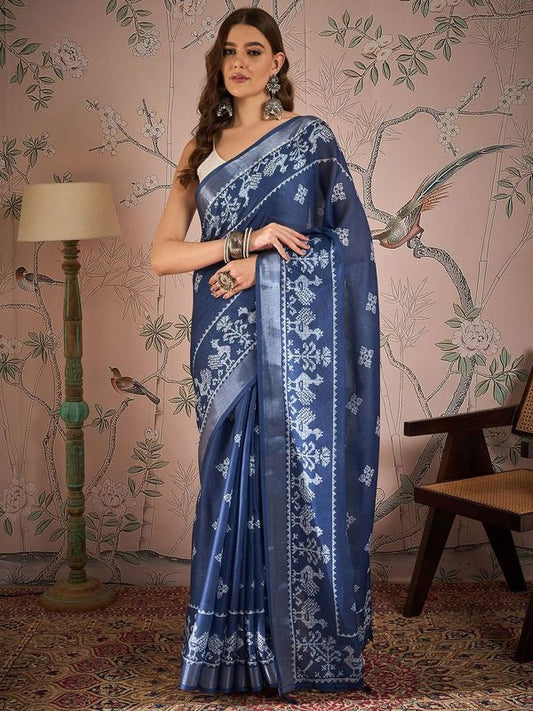 Navy Blue Color Digital Printed Designer Linen Fabric Graceful Saree