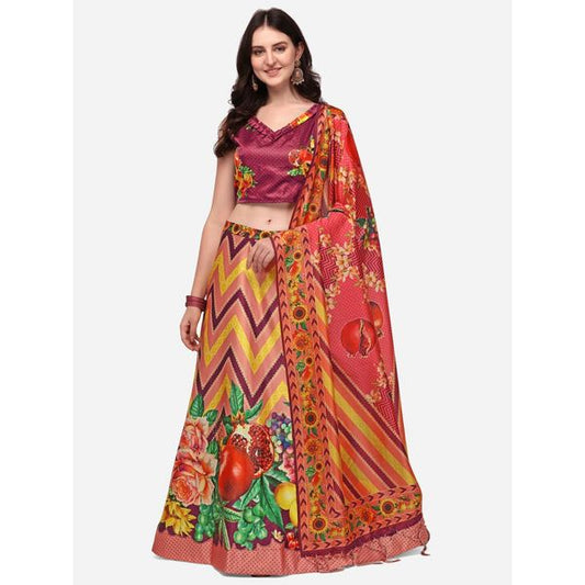 Digital Print Satin Silk Fabric Stitched Lehenga Choli With Jequared Blouse and Assami Silk Thread Work Dupatta For Women and Girls In Festive Party And Traditional Wear