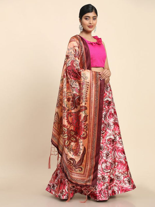 Digital Print Satin Silk Fabric Stitched Lehenga Choli With Jequared Blouse and Assami Silk Thread Work Dupatta For Women and Girls In Festive Party And Traditional Wear