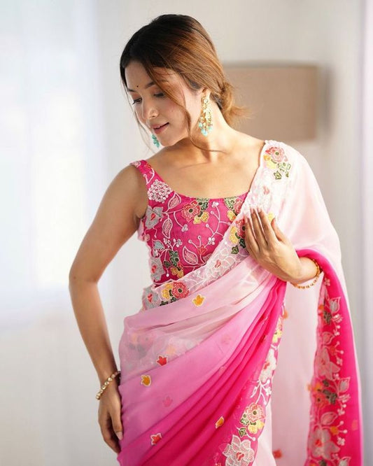 Pink Color With Embroidery Work Georgette Saree