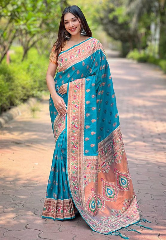 Blue Paithani Silk Wevon Paithani Designer Glamorous Ceremonial Rich Saree