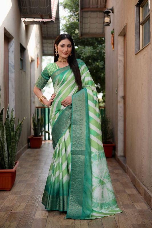 Green Wevon Jari Designer & Digital Printed Dola Silk Saree