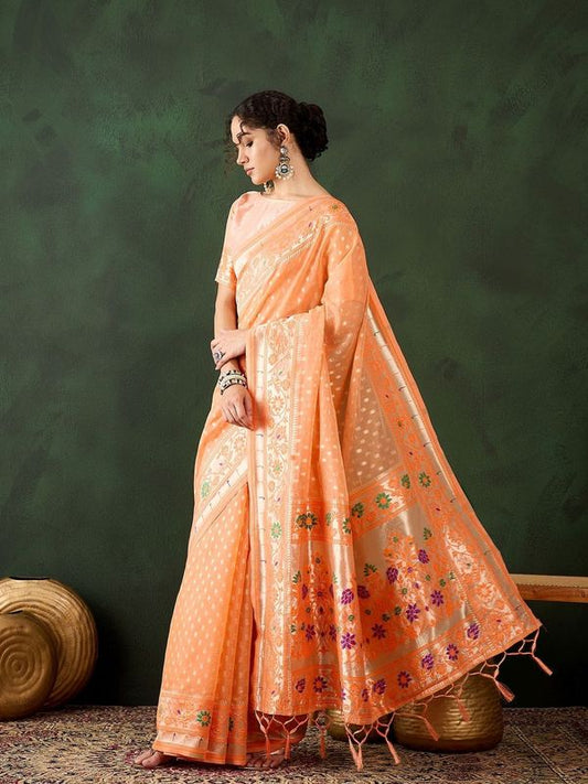 Orange Poly Cotton Wevon Designer Indian Rich Cultural Looks Saree