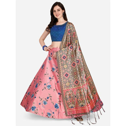 Digital Print Satin Silk Fabric Stitched Lehenga Choli With Jequared Blouse and Assami Silk Thread Work Dupatta For Women and Girls In Festive Party And Traditional Wear