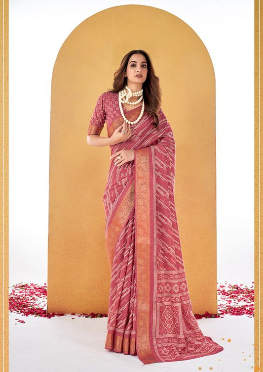 Dark Rose Wevon Border Designer With Printed Dolla Silk Saree