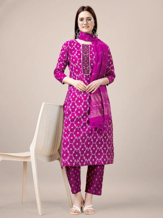 Pink Color Rayon Fabric Designer Printed Readymade Suits With Smart Embroidery Work