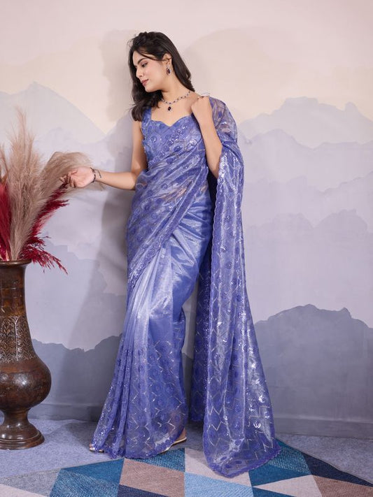 Lavender Designer Sequance Embroidery Work Twill Net Saree