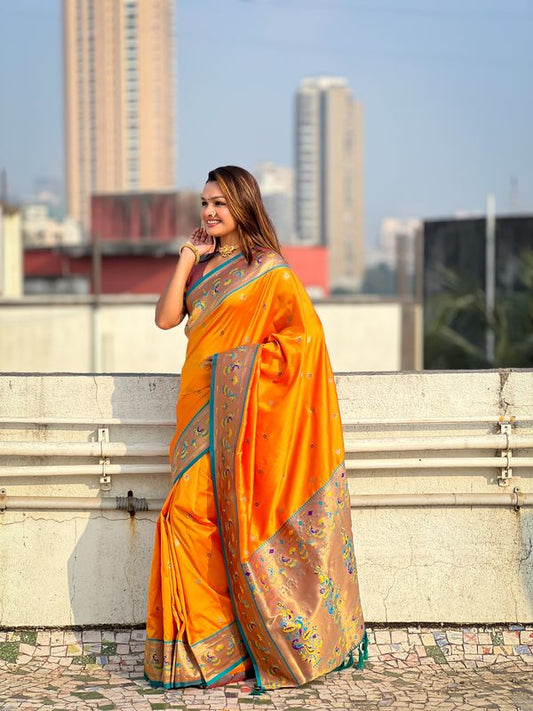 Meenakari Designer Soft Silk Ethnic Partywear Orange Color Saree