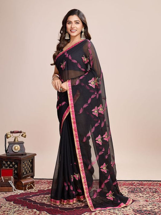 Black Designer Embroidery Work Georgette Saree