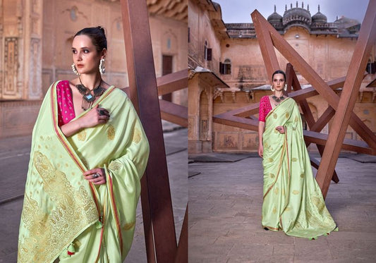 Pista Weaving jari Designer Satin Silk Saree