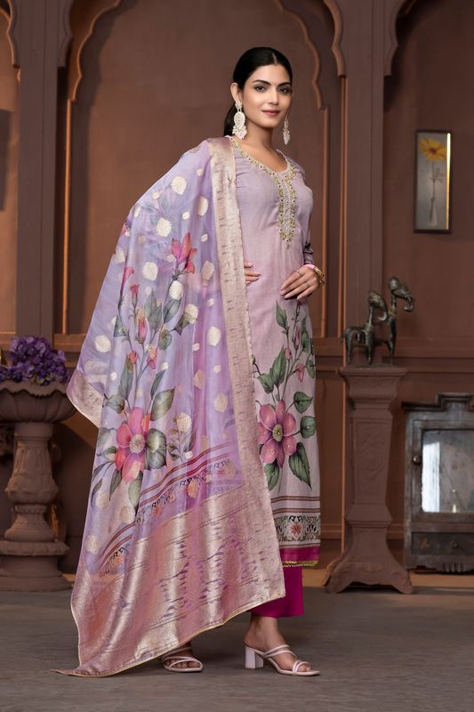 Purple Cembric Cotton Wevon Designer With Printed And Hand Work Graceful Wedding Wear Salwar Kameez