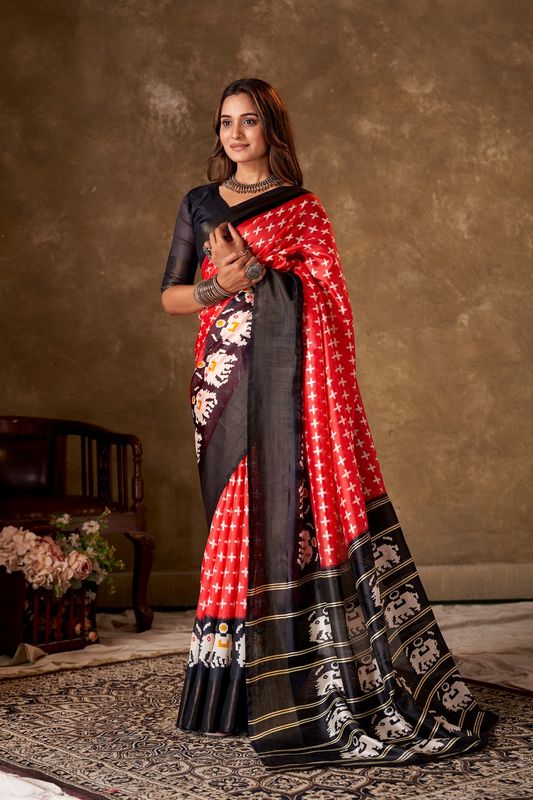 Red Cotton Printed Saree and Stitched Black Blouse