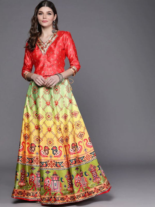 Ethnic Motifs Digital Print Shiney Satin Croptop Lehenga Choli With Blouse For Women and Girls