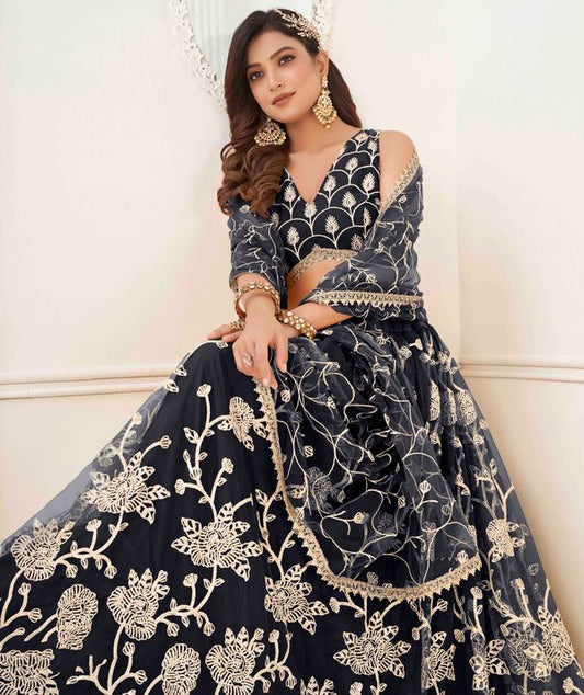 Black Color Net With Sequins And Thread Embroidery Work -Stitched Lehenga & Unstitched Blouse With Dupatta