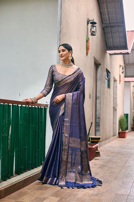 Nevy Blue Wevon Copper Jari Designer Kanjivaram Sik Saree