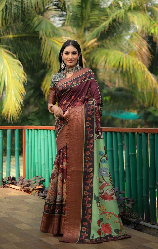 Wine Wevon Border & Kalamkari Digital Printed Dola Silk Saree