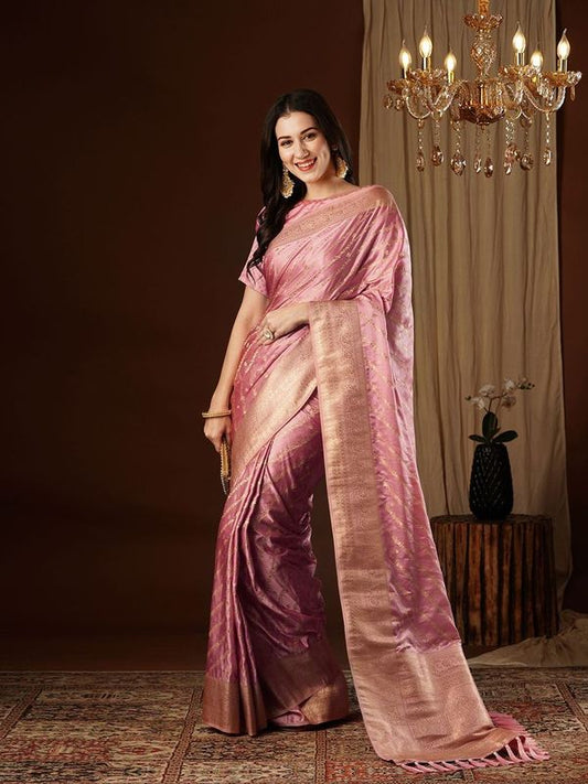 Peach Wevon Jacquard Designer Satin Silk Saree