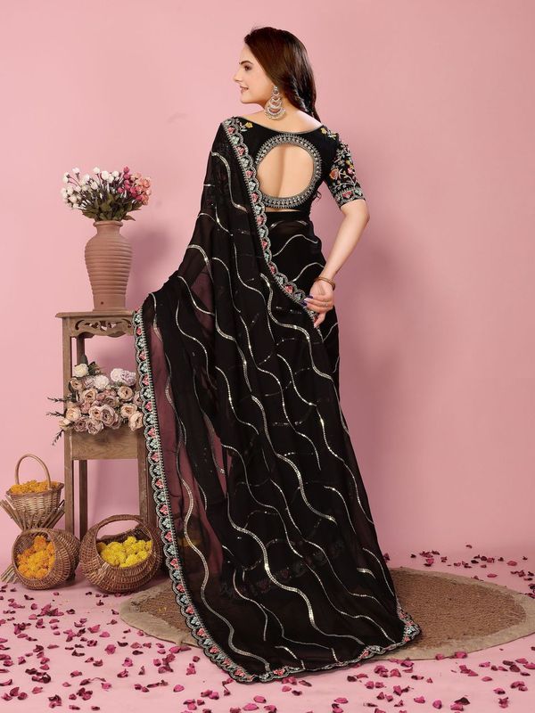Black Multy Thread & Sequance Embroidery Work Rangoli Silk Saree