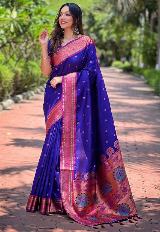 Royal Blue Paithani Silk Traditional Rich Traditional Wear Wevon Meenakari Designer Saree