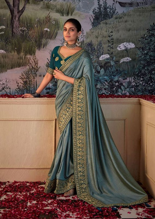 Steel Grey Wevon Lace Border Designer Embroidery Work Vichitra Saree