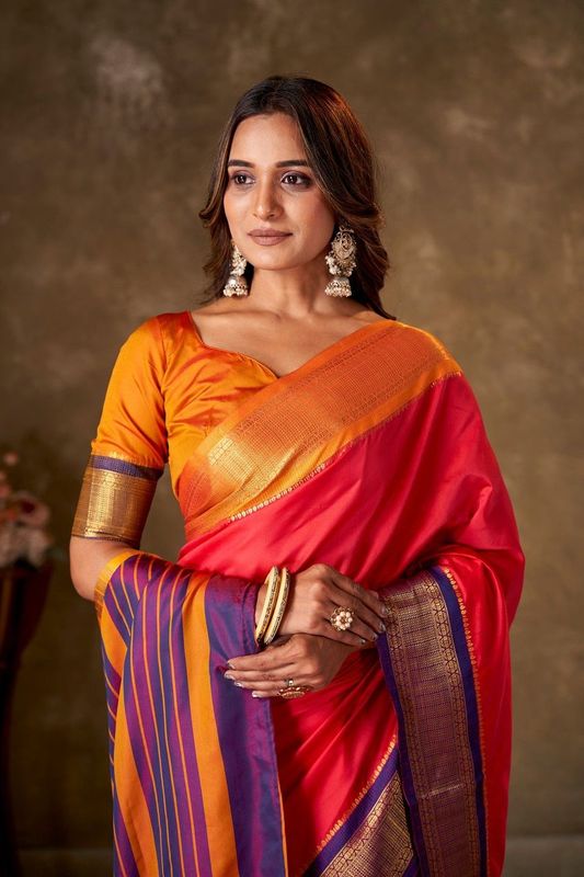 Orange Cotton Striped Saree and Stitched Mustard Blouse