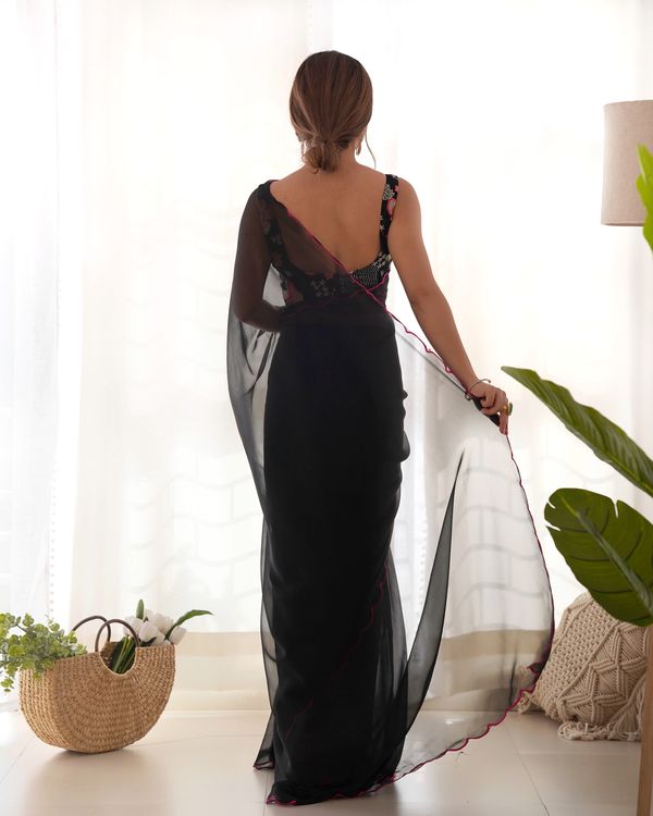 Black Color Solid Plain Georgette Saree With Graceful Embroidered Blouse