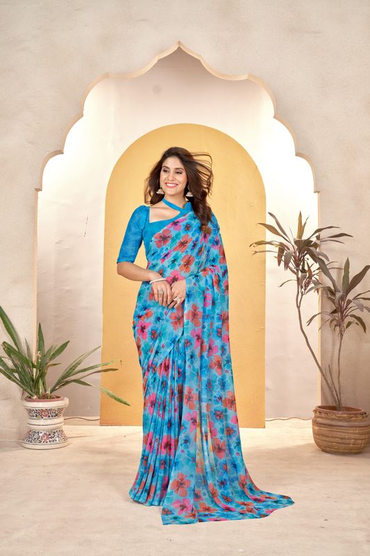 Blue Designer Printed Weight Less Saree