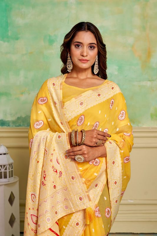 Yellow Cotton Woven Saree With Tassels on Pallu and Stitched Yellow Blouse