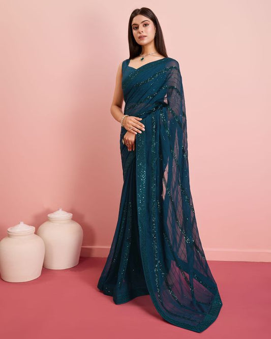 Teal Designer Sequance Embroidery Work Georgette Saree