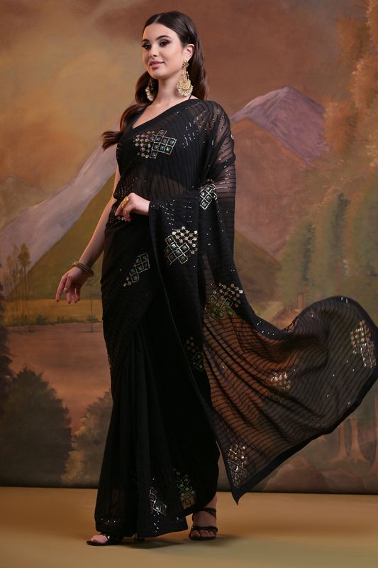 Black Designer Sequance Embroidery Work Georgette Saree