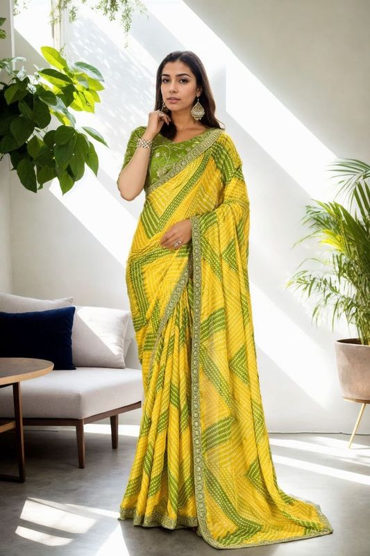 Yellow Bandhani Digital Printed & Embroidery Work Chinon Saree