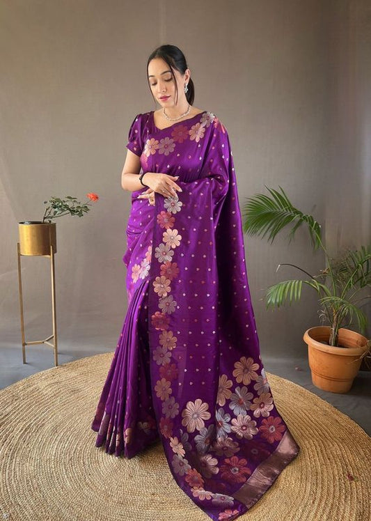 Purple Weaving Jacquard Jari Designer Soft Silk Saree