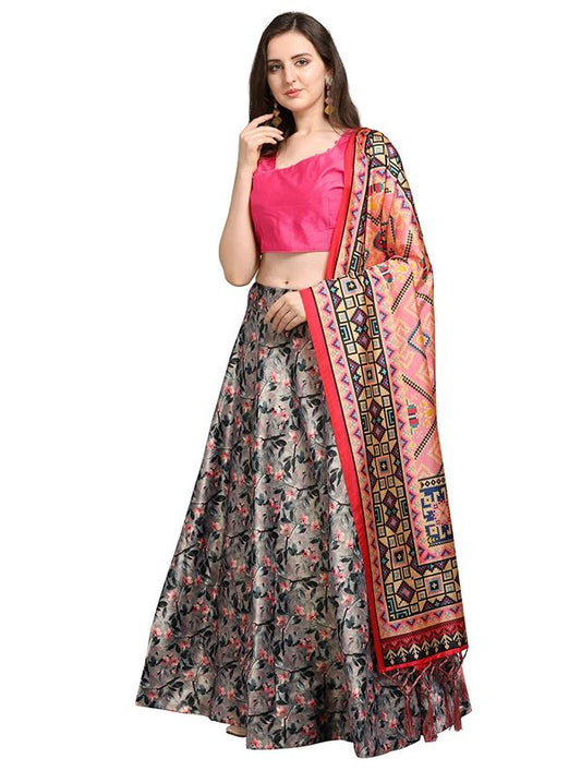 Bandhni Patola Type Digital Print Shiney Satin Croptop Lehenga Choli With Blouse For Women and Girls