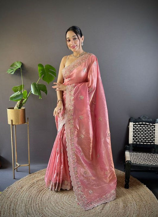 Pink Color Gold Crunchy Saree With Sequins Embroidery And Cut Work