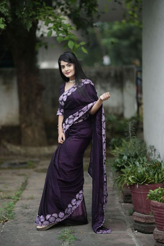 Lavender Thread & Sequance Embroidery Work Rangoli Saree