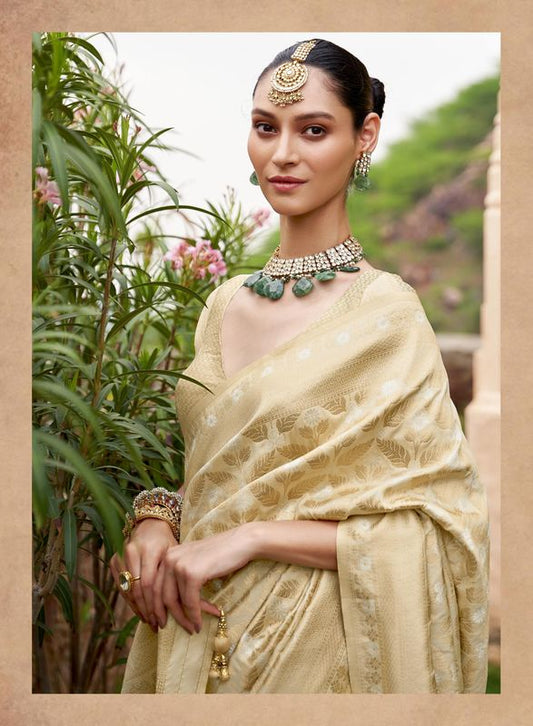 Beige Wevon Brocade Designer Viscose Silk Saree