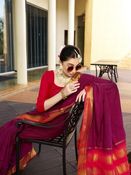 Wine Crepe Woven Saree and Stitched Red Blouse