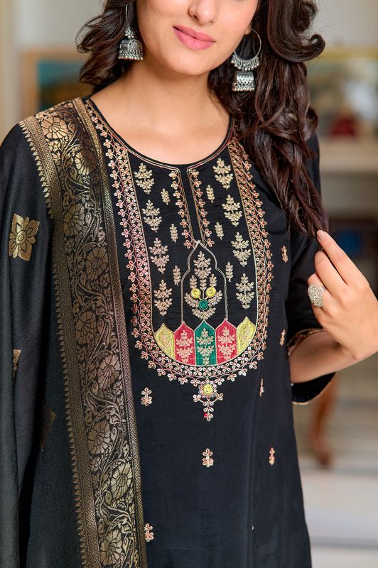 Black Chanderi Silk Straight Kurta